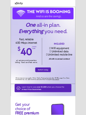 Xfinity - All-in means all-in. 400 Mbps internet for $40/mo