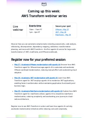Amazon AWS - Last chance to register: AWS Transform webinars on modernization with agentic AI