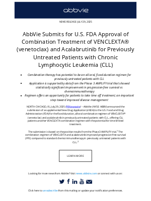 AbbVie - AbbVie Press Release: AbbVie Submits for U.S. FDA Approval of Combination Treatment of VENCLEXTA® (venetoclax) and Acalabrutinib for Previously Untreated Patients with Chronic Lymphocytic Leukemia (CLL)