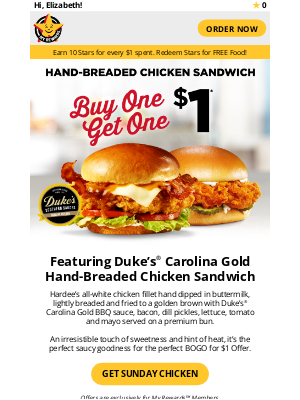 Hardee's - BOGO $1 Sunday Chicken! 🐔🐔