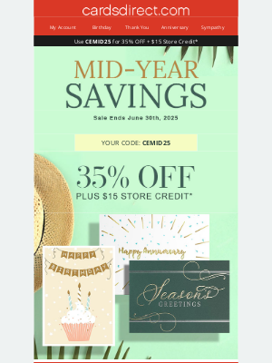 CardsDirect - Mid-Year Savings Surprise: 35% OFF + $15 Bonus Gift Inside!
