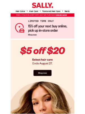 Sally Beauty - Here's $5 off $20 to keep your tresses happy!