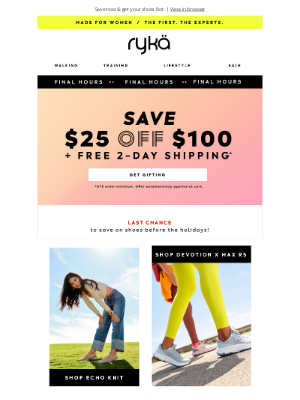 RYKA - ENDS TODAY! $25 off $100 + Free 2-day shipping