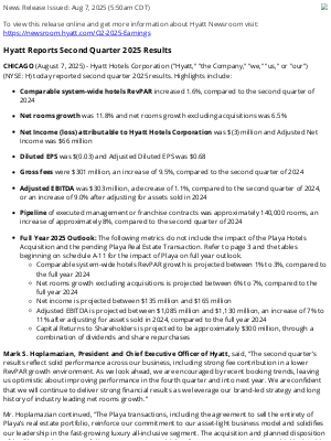 Hyatt Hotels - Hyatt Reports Second Quarter 2025 Results