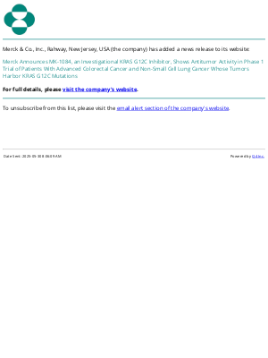 Merck & Co - Merck Announces MK-1084, an Investigational KRAS G12C Inhibitor, Shows Antitumor Activity in Phase 1 Trial of Patients With Advanced Colorectal Cancer and Non-Small Cell Lung Cancer Whose Tumors Harbor KRAS G12C Mutations
