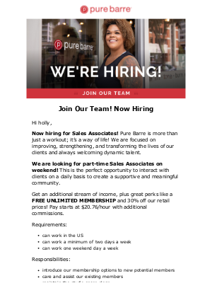 Pure Barre - We are hiring: looking for weekend Sales Associates