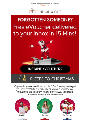 Find Me A Gift (United Kingdom) - Forgot Someone? Instant eVoucher to the Rescue!