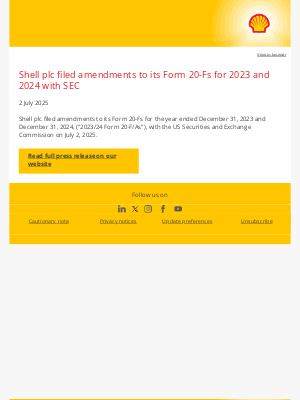 Shell - Shell plc filed amendments to its Form 20-Fs for 2023 and 2024 with SEC