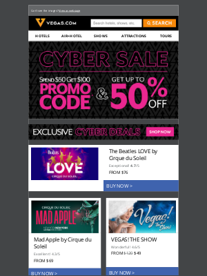 Vegas - CYBER SALE Starts NOW! $100 promo code + up to 50% off