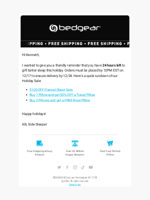 Bedgear Performance - Re: Your Holiday Order