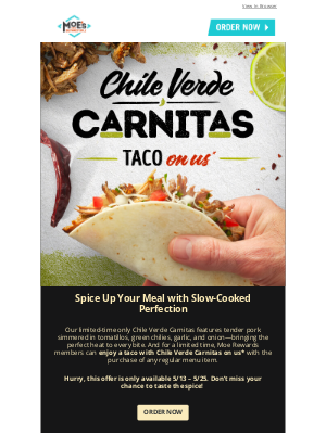 Moe’s Southwest Grill - Pork is back! Try Our New Chile Verde Carnitas—On Us!