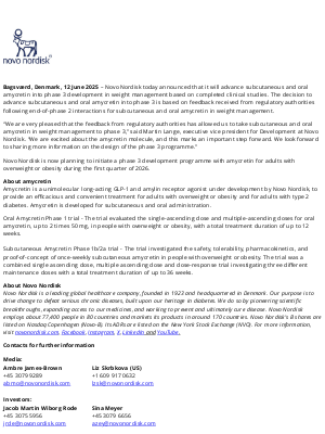 Novo Nordisk - Novo Nordisk to advance subcutaneous and oral amycretin for weight management into phase 3 clinical development