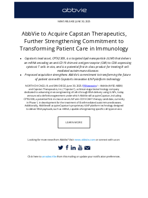 AbbVie - AbbVie Press Release: AbbVie to Acquire Capstan Therapeutics, Further Strengthening Commitment to Transforming Patient Care in Immunology
