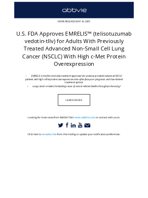 AbbVie - AbbVie Press Release: U.S. FDA Approves EMRELIS™ (telisotuzumab vedotin-tllv) for Adults With Previously Treated Advanced Non-Small Cell Lung Cancer (NSCLC) With High c-Met Protein Overexpression