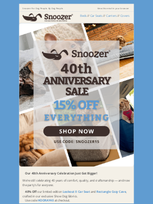 Snoozer Pet Products - Celebrate with 15% Off Sitewide – And 40% Off Our Anniversary Favorites!
