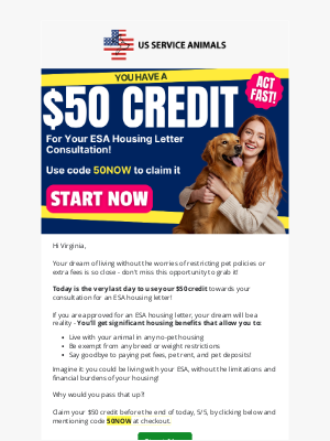 US Service Animals - Your $50 Credit Expires Tonight! ⏰