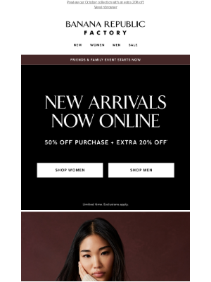 Banana Republic Factory - Friends & Family starts now: 50% off your purchase