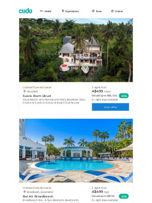 Cudo Australia - UNMISSABLE 🆕 DEALS: Ubud Adults-Only Retreat w. Daily Dining, Broadbeach Apartments opposite Pacific Fair Shopping Centre, Khao Lak Beachfront Oasis w. Massages, Daily Breakfast & More