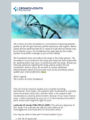 Crohn's & Colitis Foundation - Research Study Opportunity: Ulcerative Colitis and Crohn’s disease