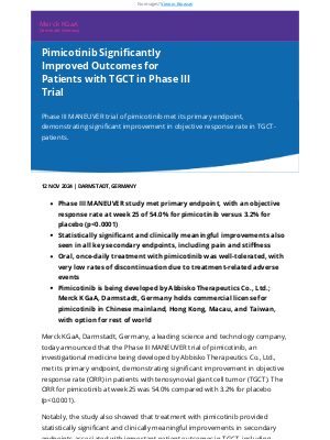 Merck KGaA - Pimicotinib Significantly Improved Outcomes for Patients with TGCT in Phase III Trial