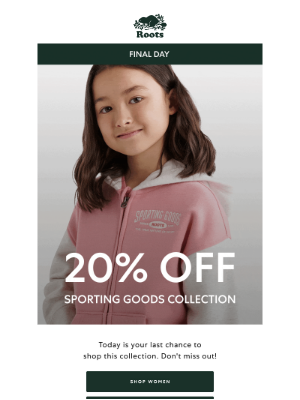 Roots (Canada) - FINAL DAY 🚨 20% OFF SPORTING GOODS