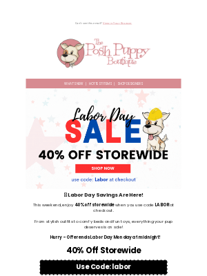 Posh Puppy Boutique - Don’t Miss: 40% Off Everything This Labor Day 🐾