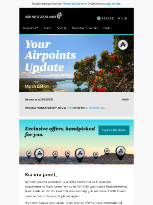 Air New Zealand - janet, your March Airpoints Update