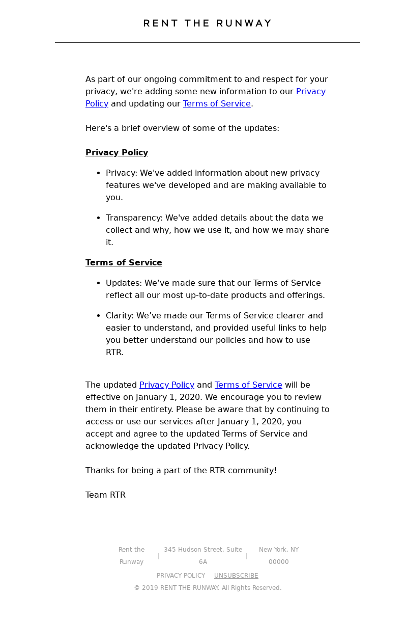Rent the Runway - RTR Privacy Policy and Terms of Service Update