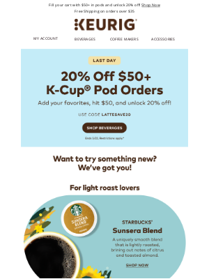 Keurig - LAST DAY: Save 20% on K-Cup® pod orders ☕