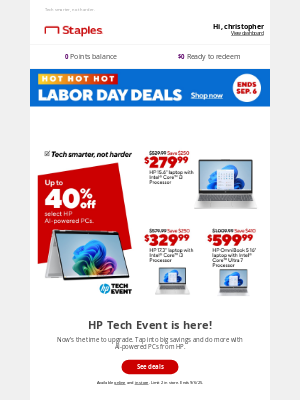 Staples - HP Tech Event is on! Up to 40% off your dream machine.