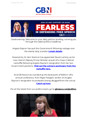 GB News (United Kingdom) - Angela Rayner QUITS | Cabinet reshuffle - full details | Reform conference roundup