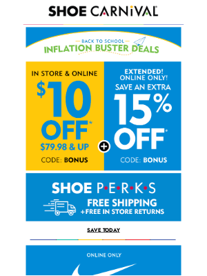 Shoe Carnival - Score $10 Off + extra 15% off + FREE Shipping