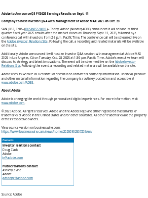 Adobe - Adobe to Announce Q3 FY2025 Earnings Results on Sept. 11