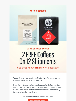 MistoBox - ⏳ Extended: 2 Free Coffees Ends at Midnight!
