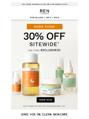 REN Skincare (United Kingdom) - 30% Off Early Access Ends Tonight