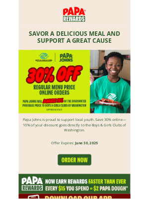 Papa John's - Get 30% off and make an impact with 10% donated
