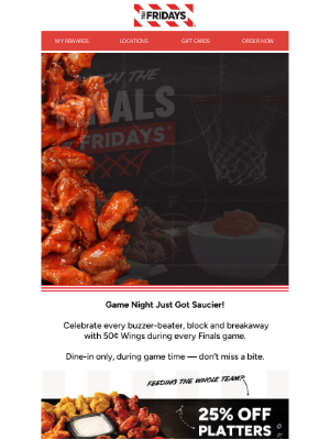 TGI Fridays - 🔥 Finals Fever = 50¢ Wings + 25% Off Platters!