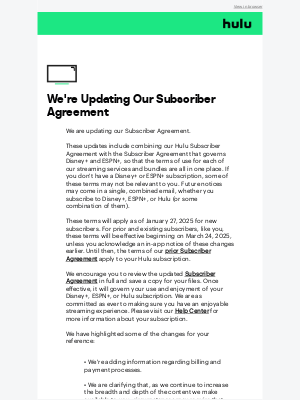 Hulu - We're Updating Our Subscriber Agreement