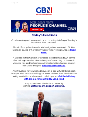 GB News (United Kingdom) - Trump's immigration warning |Travellers turn beach into 'no-go zone' | Christian preacher vindicated