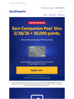 Southwest Airlines - Vernice, wanna earn Companion Pass and 30,000 points?