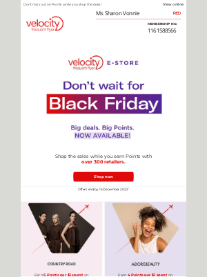 Velocity Frequent Flyer (AU) - Fire up your Points balance this Black Friday!