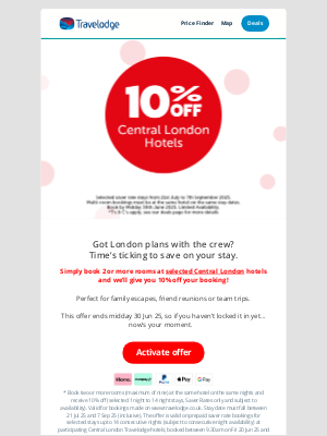 Travelodge (United Kingdom) - Time's ticking! Get 10% off 2+ rooms at selected Central London hotels.