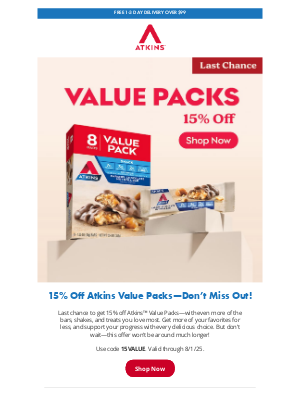 Atkins - Final Hours! 15% Off Atkins Value Packs Ends Soon
