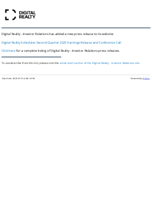 Digital Realty - Digital Realty - Digital Realty Schedules Second Quarter 2025 Earnings Release and Conference Call