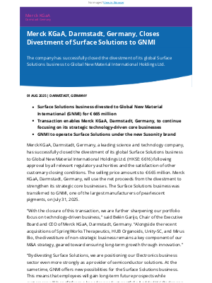 Merck KGaA - Merck KGaA, Darmstadt, Germany, Closes Divestment of Surface Solutions to GNMI
