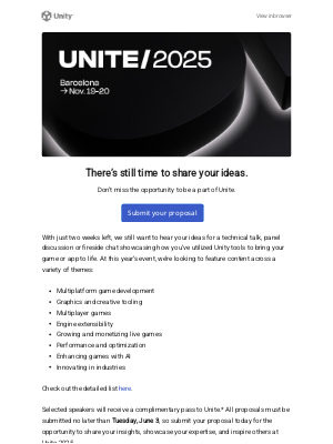 Unity - Two weeks left to submit your Unite 2025 proposal!