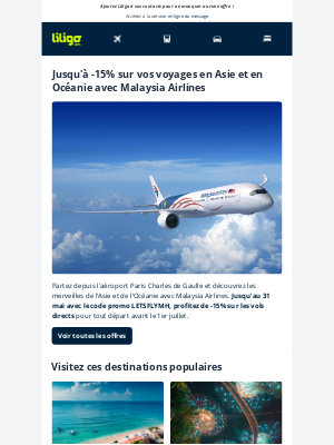 liligo (France) - Jusqu’à -15 % sur les vols Malaysia Airlines jusqu'au 31 mai ! ✈️