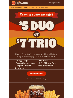 Burger King - $5 Duo and $7 Trio—get what you crave! 👀