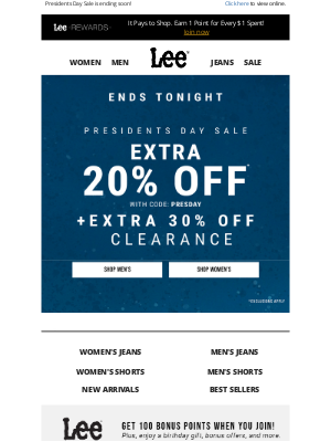 Lee Jeans - Ends Tonight: Extra 30% Off Clearance + Extra 20% Off