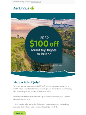 Aer Lingus - Happy July 4th! Up to $100* off Flights
